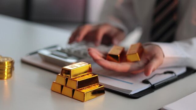 Businessman investing in gold to diversify portfolios hedge against inflation and currency depreciation.
