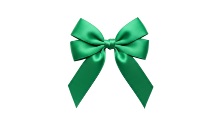 Green satin ribbon bow for gift wrap or decoration on transparent background. Celebration and Holiday concept like Christmas, St. Patricks Day or Birthday.