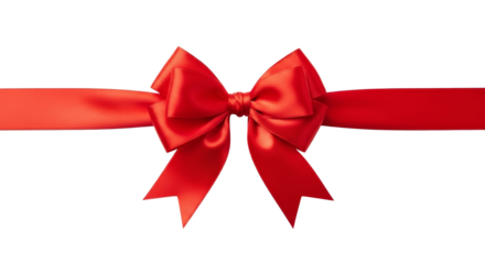 Red satin ribbon bow for gift box decoration on transparent background. Celebration and event concept with shiny textile for card.