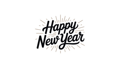 Stylish hand drawn typography celebrating happy new year with bursting rays of light on white background