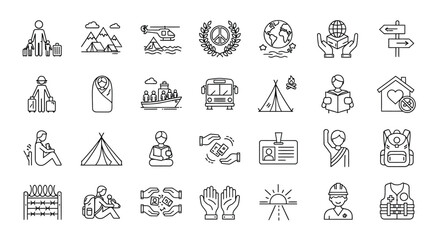 Fototapeta premium Collection of refugee and immigration icons in line style humanitarian aid and support for refugees concept