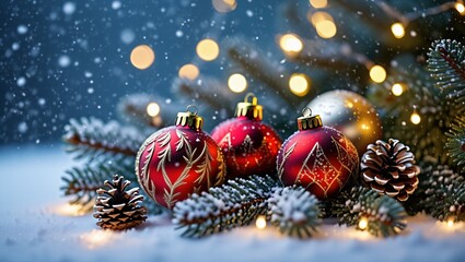 Festive christmas ornaments and pine cones with bokeh lights