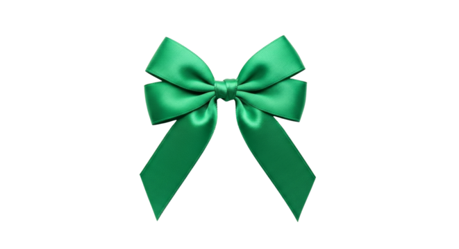 Green satin ribbon bow for gift wrap or decoration on transparent background. Celebration and Holiday concept like Christmas, St. Patricks Day or Birthday.