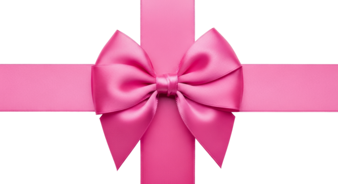 Pink decorative ribbon with a tied bow on transparent background. Gift wrap element for birthday, Valentines Day, Christmas, or surprise present.
