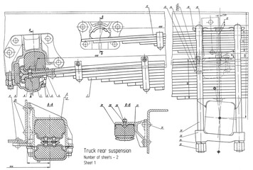 Obraz premium Assembly drawing of truck rear suspension. Engineering automotive mechanical blueprint. Industrial cad scheme on paper sheet. Technology design of machine building industry. Machined template.