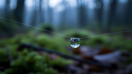 Crystal clear dewdrop balanced on a fine spider web reflecting a tranquil forest landscape