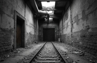 Obraz premium Abandoned industrial building interior. Railroad tracks go through dark corridor to closed door. Crumbling walls, hanging pipes from broken ceiling. Old factory shows decay, neglect. Empty space