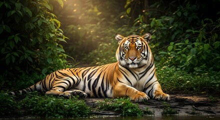 Fototapeta premium Majestic Bengal tiger prowling through its natural habitat