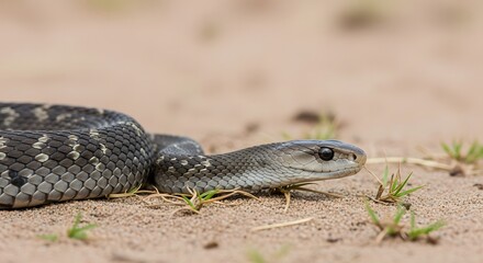 Fototapeta premium Close up of a striking Black Mamba snake slithering across a dark surface