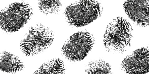 Multiple black fingerprints on white background, biometric identification isolated on white background