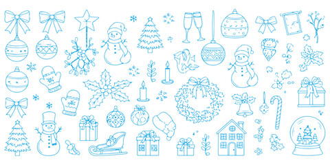 Hand drawn christmas and winter holiday decorative doodle set isolated on white background