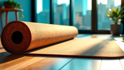 Cork yoga mat unrolled on studio wooden floor