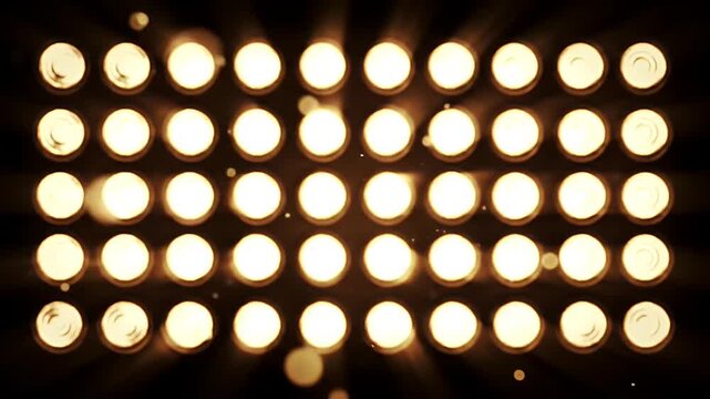 Large grid of bright stage lighting fixtures arranged in two mirrored blocks on a dark stage backdrop