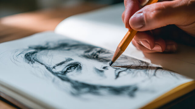 Artist?s hand sketching a detailed portrait of a woman?s face using a pencil on white paper capturing focused creativity and fine artistic skills