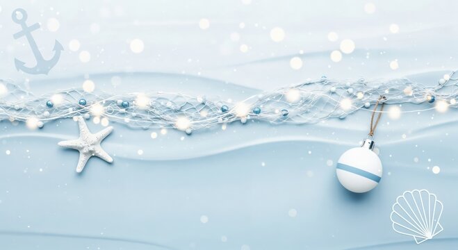Nautical Christmas holiday background with starfish, ornament, and fishing net on a serene light blue backdrop with bokeh lights.