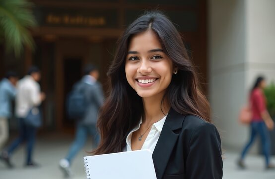 Smiling indian student holds notebook. Happy female wears business suit. Portrait of young successful businesswoman near college building. Education empowers youth for bright future and career. - Powered by Adobe