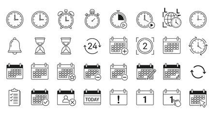 Line art vector icon set of time and date for web, app, and graphic design projects, clock, calendar, schedule