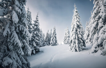 Fluffy snow covers the coniferous forest, and frozen spruce trees shine on a frosty day, creating a magical atmosphere.