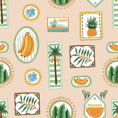 Seamless tropic fruits vector pattern with summer labels, palm trees and decorative frames