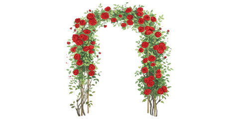 Vibrant watercolor red rose archway with lush green foliage