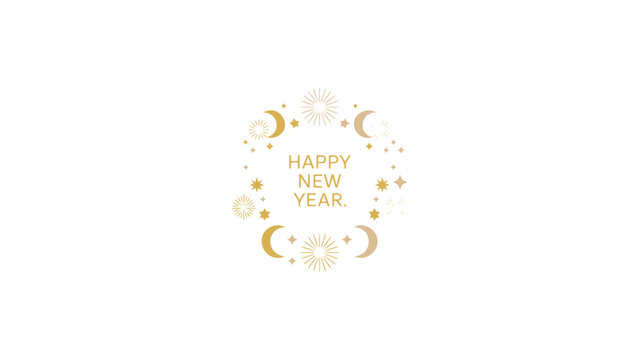 Whimsical hand drawn happy new year greeting card with celestial elements and festive patterns
