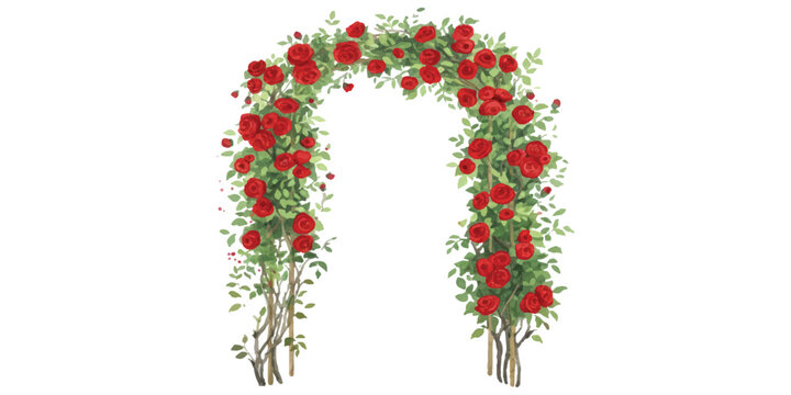 Vibrant watercolor red rose archway with lush green foliage