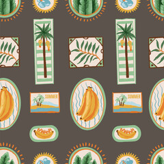 Seamless tropic fruits vector pattern with summer labels, palm trees and decorative frames