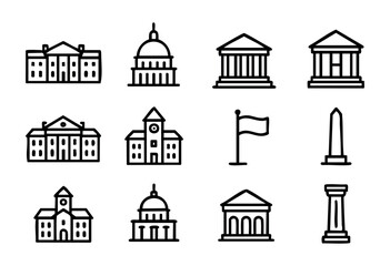 Fototapeta premium Government Buildings line icons — federal, state, and local government architecture — stock vector.