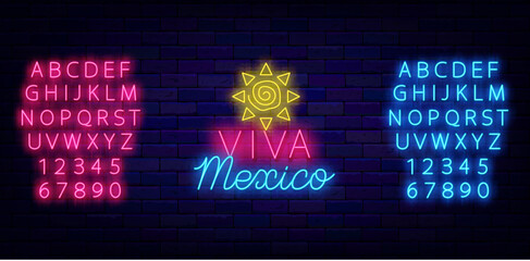 Viva Mexico neon label. Glowing advertising. National sun icon. Mexican traditional holiday. Shiny pink and blue alphabet. Independence day. Culture event. Vector stock illustration