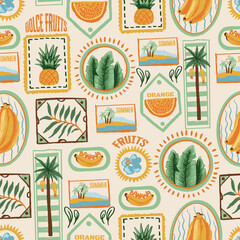 Seamless tropic fruits vector pattern with summer labels, palm trees and decorative frames