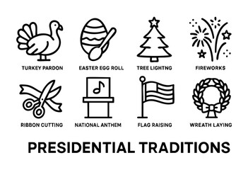 Presidential Traditions line icons — official White House ceremonies and holiday event symbols — stock vector.