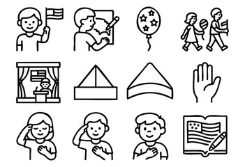 Patriotic Kids line icons — children celebrating USA holidays, holding flags, and participating in national events — stock vector.