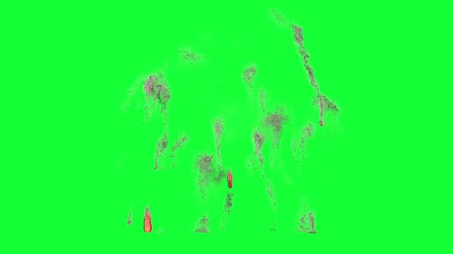 Falling fiery debris explosion on Green Screen

scattered fireballs and smoke particles falling downward after blast, rendered with green screen background for vfx use.
