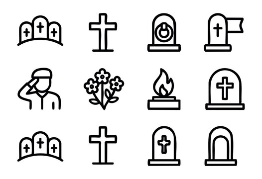 Cemetery & Graveyard line icons — gravestones, military honors, and memorial symbols — stock vector.