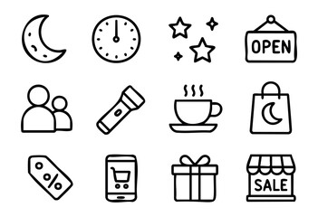 Late Night Sale doodle icons — midnight shopping event, 24-hour store, and special offer symbols — stock vector.