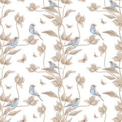 Watercolor pink romantic flowers. Seamless floral pattern. Watercolor texture. Home textile. Print for fabric. Pink flowers, spring, summer. Wallpaper for home. Blooming background.