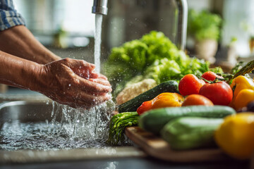 Person washing hands under running water beside fresh colorful vegetables on kitchen counter emphasizing hygiene and healthy cooking preparation