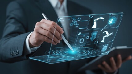 An innovative professional, examining a holographic interface that contains futuristic images. The scene speaks of technological advancement