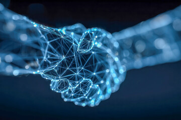 Futuristic digital handshake composed of glowing blue interconnected network lines symbolizing technology collaboration and partnership in virtual space