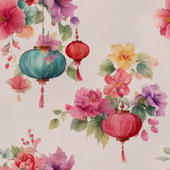 Watercolor illustration of vibrant Crimson Red and Aqua Teal Chinese lanterns surrounded by elegant Blush Pink floral blossoms, perfect for delicate graphic designs in adobe photoshop.
