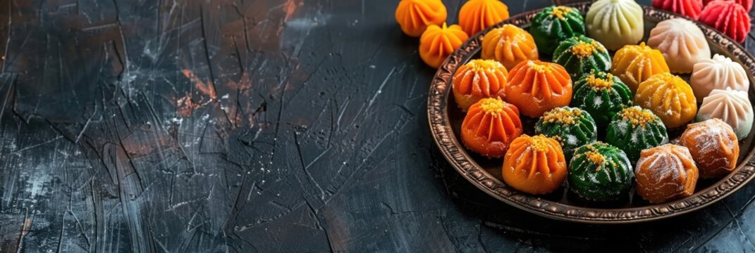 Horizontal banner for Indian Independence Day with orange, white and green cupcakes alongside traditional Indian sweets. Celebration design with free space for your text