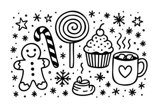 Christmas Sweets & Treats Doodle — a collection of hand-drawn holiday foods like a gingerbread man, candy cane, and hot chocolate — stock vector.