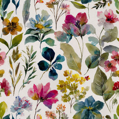 Vibrant watercolor floral pattern, bursting with Fuchsia Pink, Marigold Yellow, and Cerulean Blue blossoms, perfect for digital design created in adobe photoshop with a fresh, artistic aesthetic.