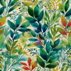 Vibrant botanical seamless pattern featuring lush Teal Green foliage and delicate details in Lime Green, with splashes of Golden Yellow, perfect for digital design and Adobe Photoshop projects requiri