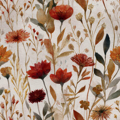 A beautiful seamless floral pattern, hand-painted in delicate Rust Red, Burnt Orange, and Earthy Brown watercolors, offering versatile background options for adobe photoshop projects and digital desig