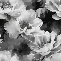 Monochromatic floral artwork with elegant White petals and deep Onyx Black shadows, digitally enhanced using Charcoal Gray tones in Adobe Photoshop for a dramatic painterly effect.