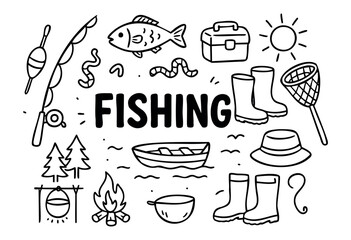 Fishing doodle illustration &mdash; fishing rod, boat, and other angling hobby and camping elements &mdash; stock vector.