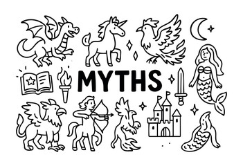 Obraz premium Doodle icons of mythical creatures and fantasy elements — dragon, unicorn, mermaid, and griffin — stock vector.