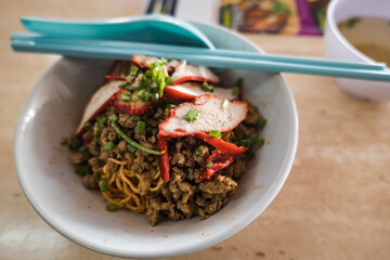 Kolo Mee, a popular Malaysian dish in the state of Sarawak, East Malaysia. kolo mee is Malaysian dish of dry noodles