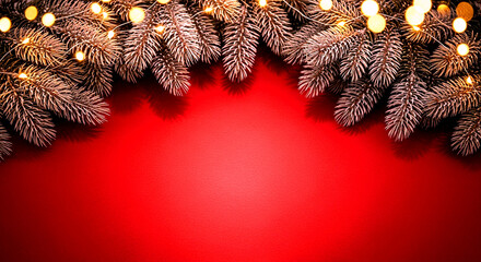 Festive Christmas background with snowy fir branches and glowing lights on a red backdrop.